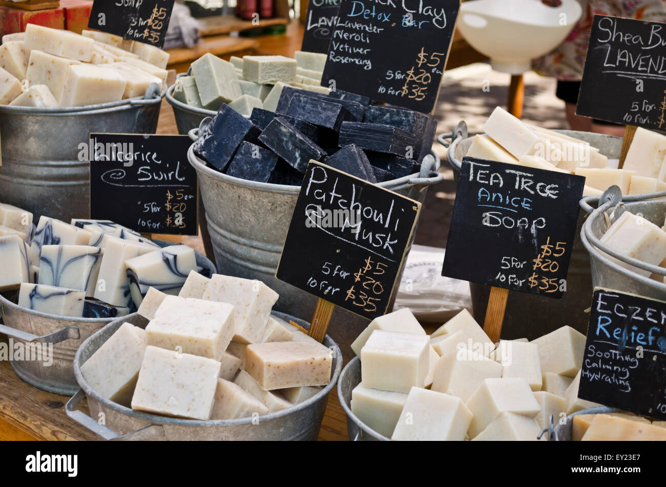 Handmade scented soaps for sale at SaltSpring Soapworks booth at the
