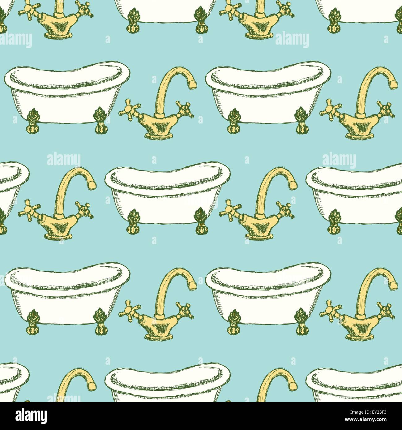 Sketch tap and bathtub in vintage style, vector seamless pattern Stock Vector