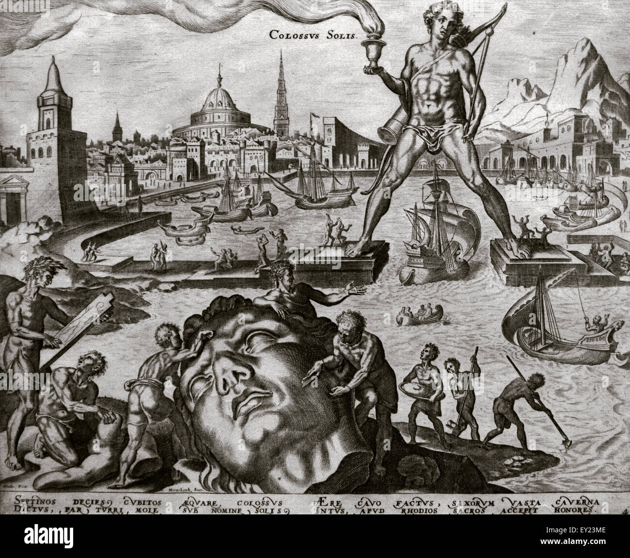 Seven Wonders of the Ancient World. The Colossus of Rhodes. Engraving by Philip Galle (1537-1612) after Martin van Heemskerck (1498-1574). 16th century. The Nelson-Atkins Museum of Art. Kansas City. United States. Stock Photo