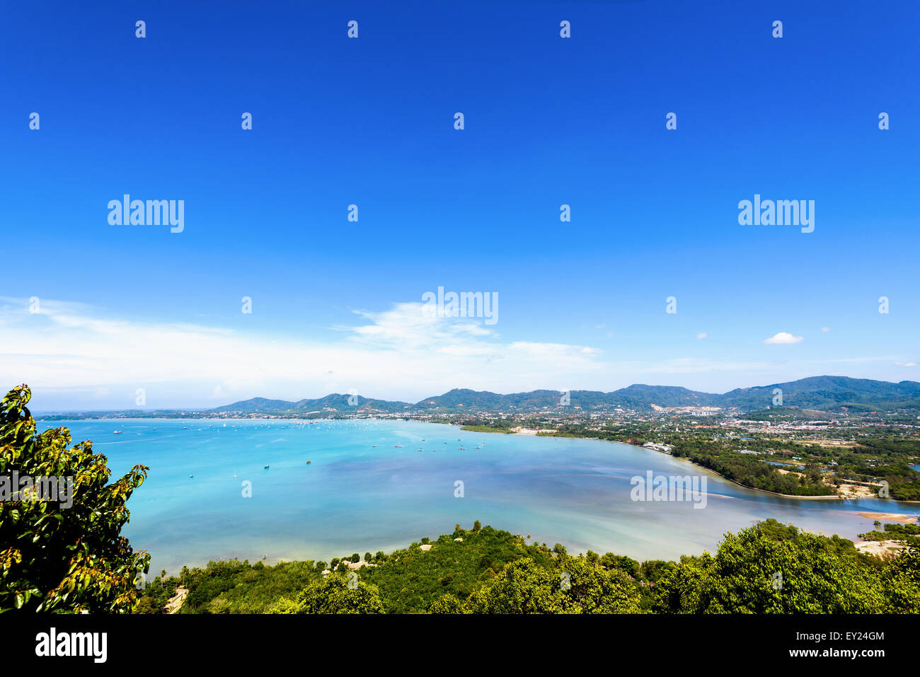High angle view sea sky and seaside tourist town of Ao Chalong bay from Khao-Khad mountain viewpoint famous attractions in Phuke Stock Photo