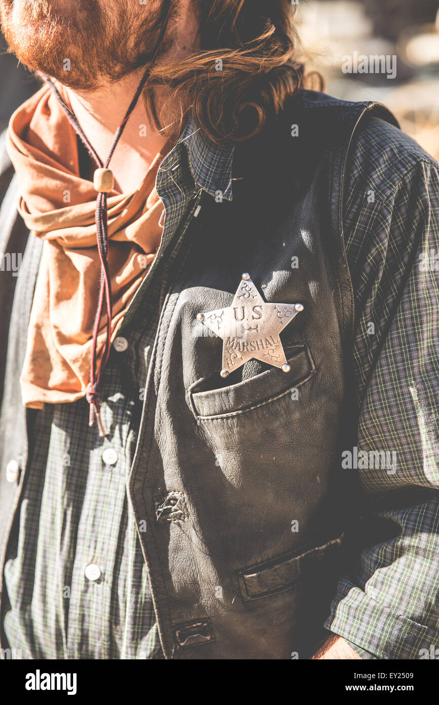Cropped shot of cowboy sheriff on wild west film set, Fort Bravo, Tabernas, Almeria, Spain Stock Photo