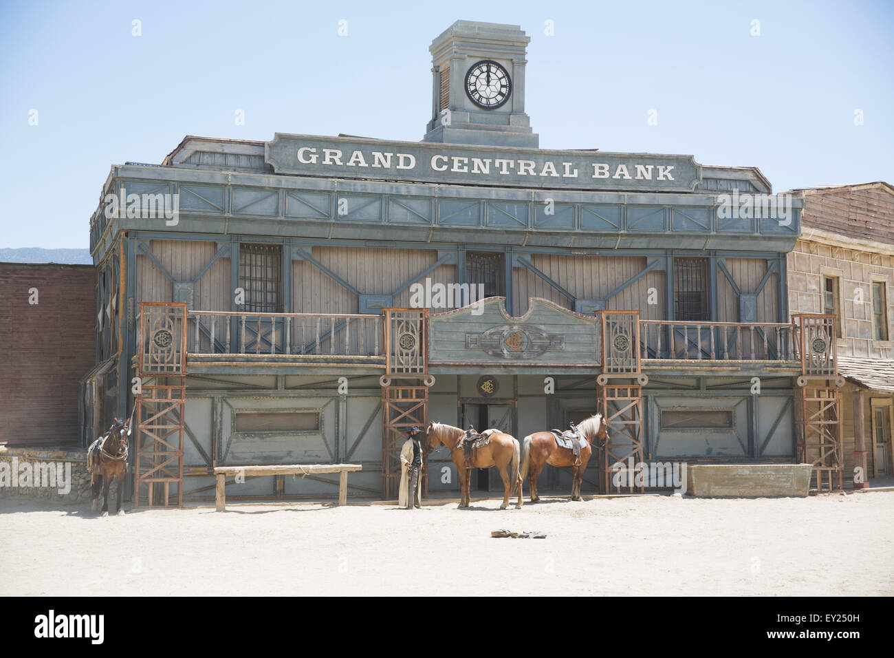 Cowboys and horses on wild west film set, Fort Bravo, Tabernas, Almeria, Spain Stock Photo