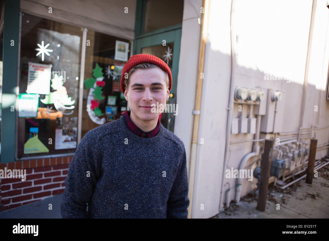 Portrait of young man wearing beanie hat Stock Photo