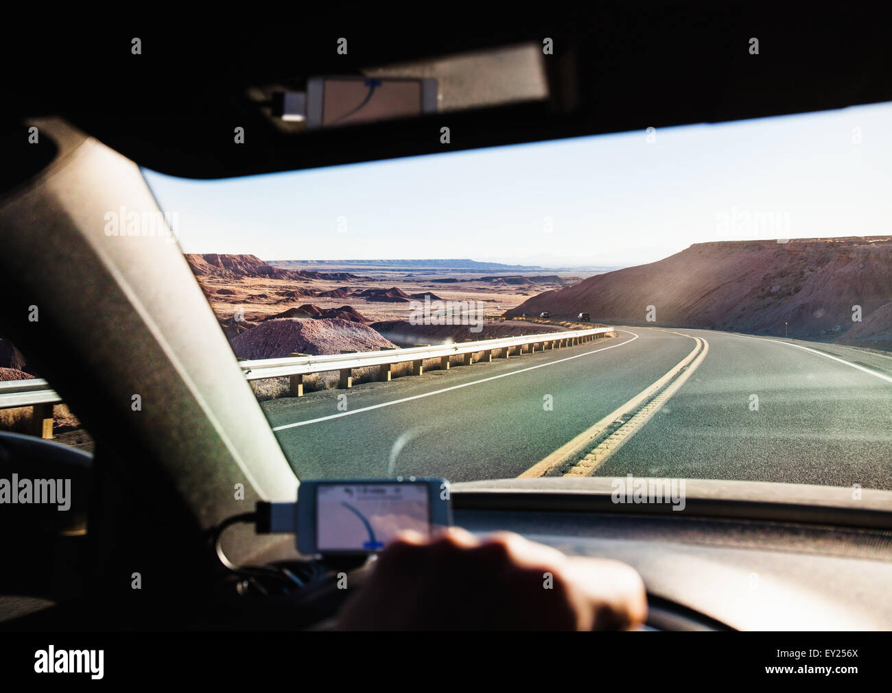 View from inside car driving in Monument Valley, Utah, USA Stock Photo