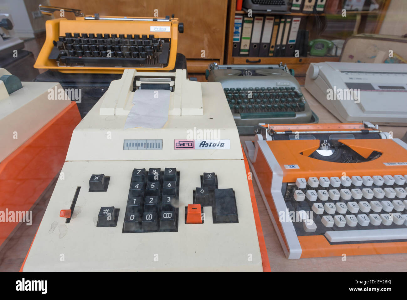 1970s retro office equipment, view of a display of second hand 1970s office equipment in a shop window in Karl Marx Allee, Friedrichshain, Berlin. Stock Photo