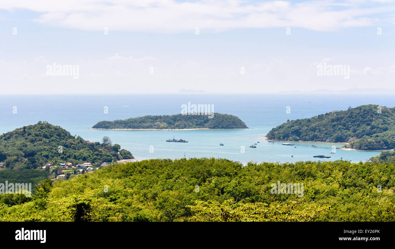 Beautiful landscape high angle view Andaman Sea and bay of Koh Tapao Noi in Phuket Island from Khao-Khad viewpoint famous attrac Stock Photo
