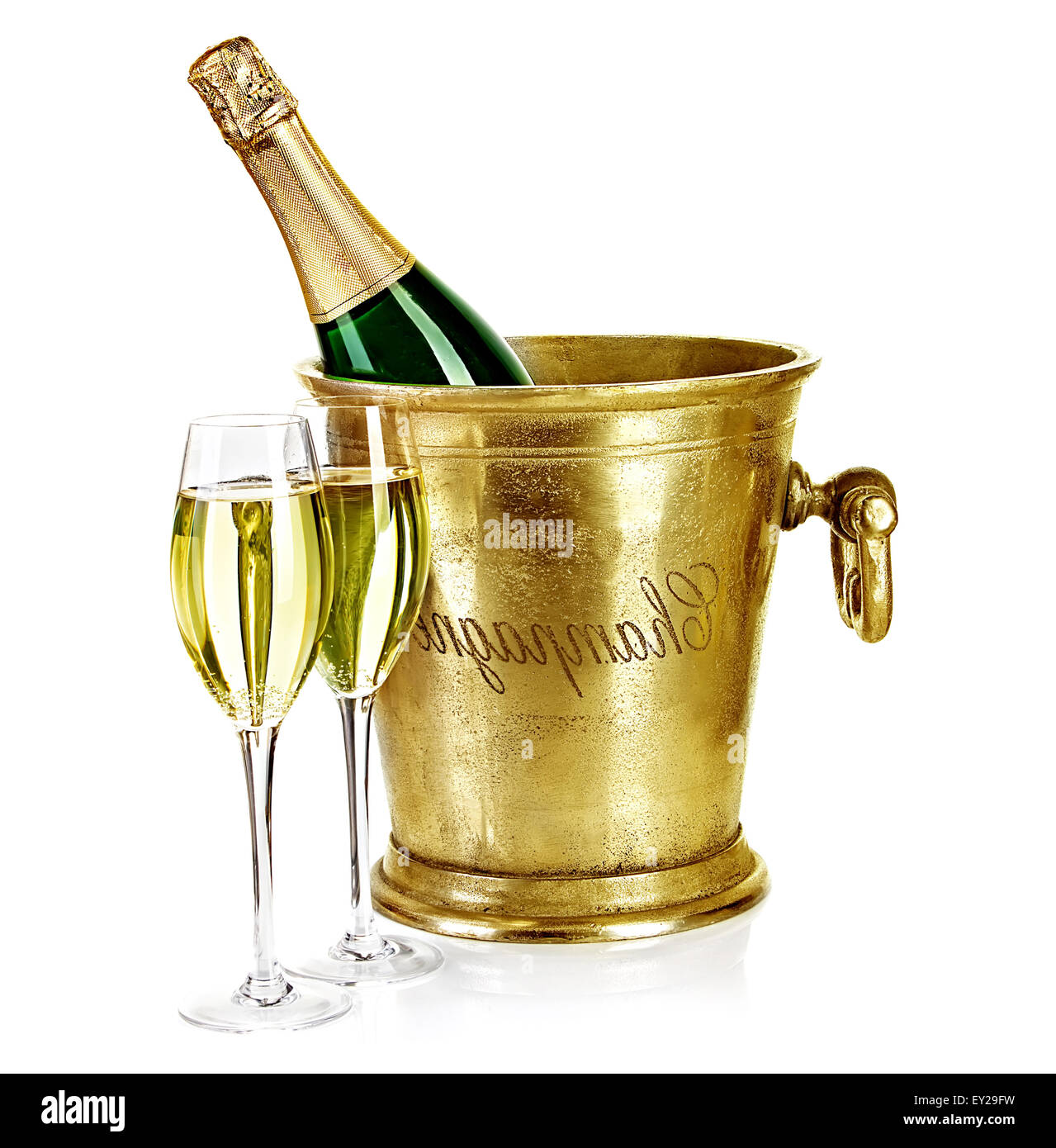 Bottle of champagne  in ice bucket with stemware isolated on white background Stock Photo