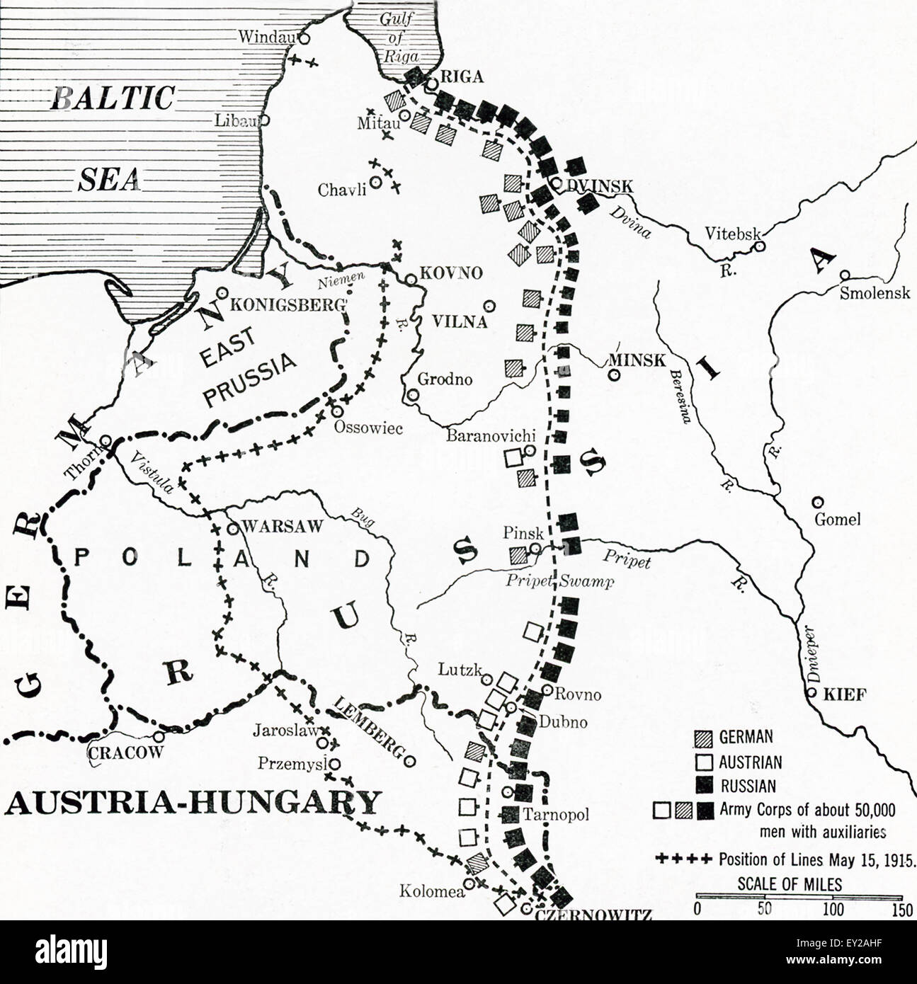 This map shows the eastern front in the early summer of 1916. The time period is World War I. The military lines shown as German, Austrian, and Russian. Stock Photo