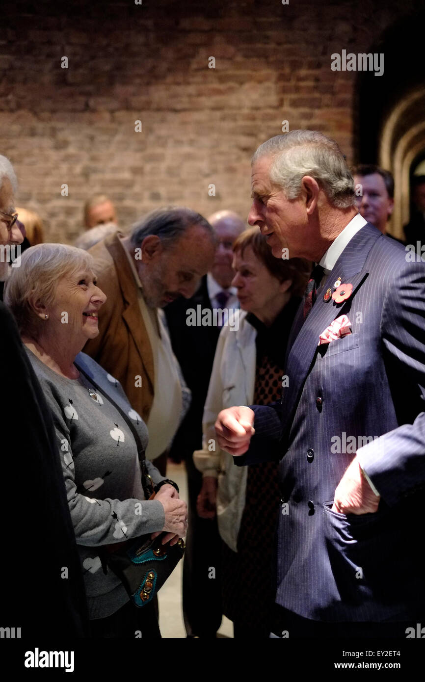 London, UK, 09/11/2014 : The Prince of Wales attends a performance of 'Last Train to Tomorrow' . The upon arrival, the Prince met members of Kinder before taking a seat to watch the performance. The Association of Jewish Refugees arranged for 'The Last Train to Tomorrow'to be performed at a special concert at the Roundhouse. The date of the event marks the anniversary of Kristallnacht.  The work was composed by Carl Davis in honour of the Kindertransport the rescue operation that ran from December 1938 until the outbreak of the Second World War in September 1939.  The sequence of ten songs are Stock Photo