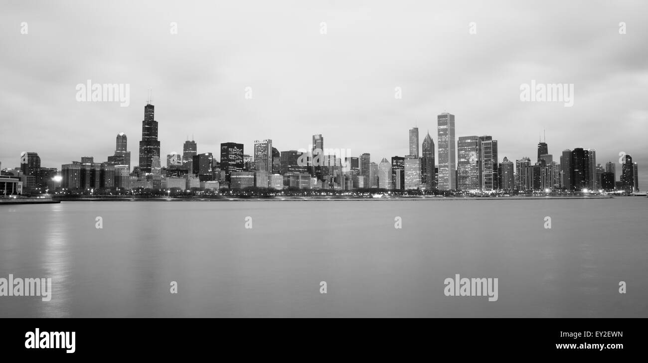 High contrast sunrise lights the long downtown Chicago skyline Stock Photo