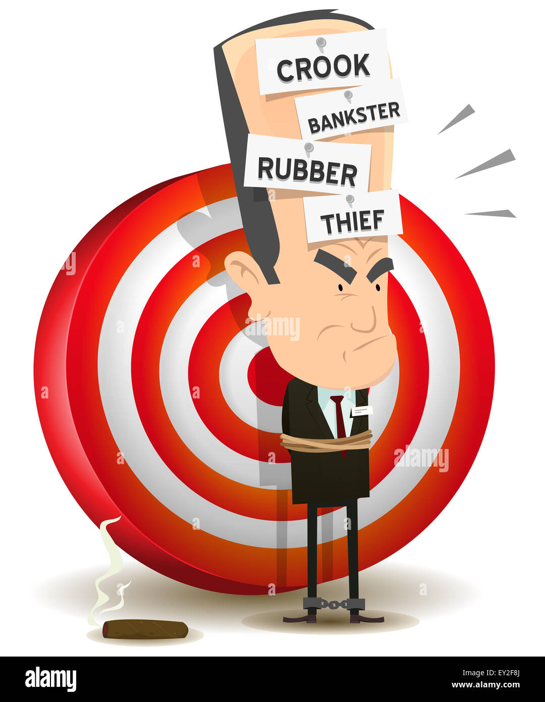 Illustration of a cartoon scenery with bad banker crook leader attached and prisoner with dart target behind Stock Photo