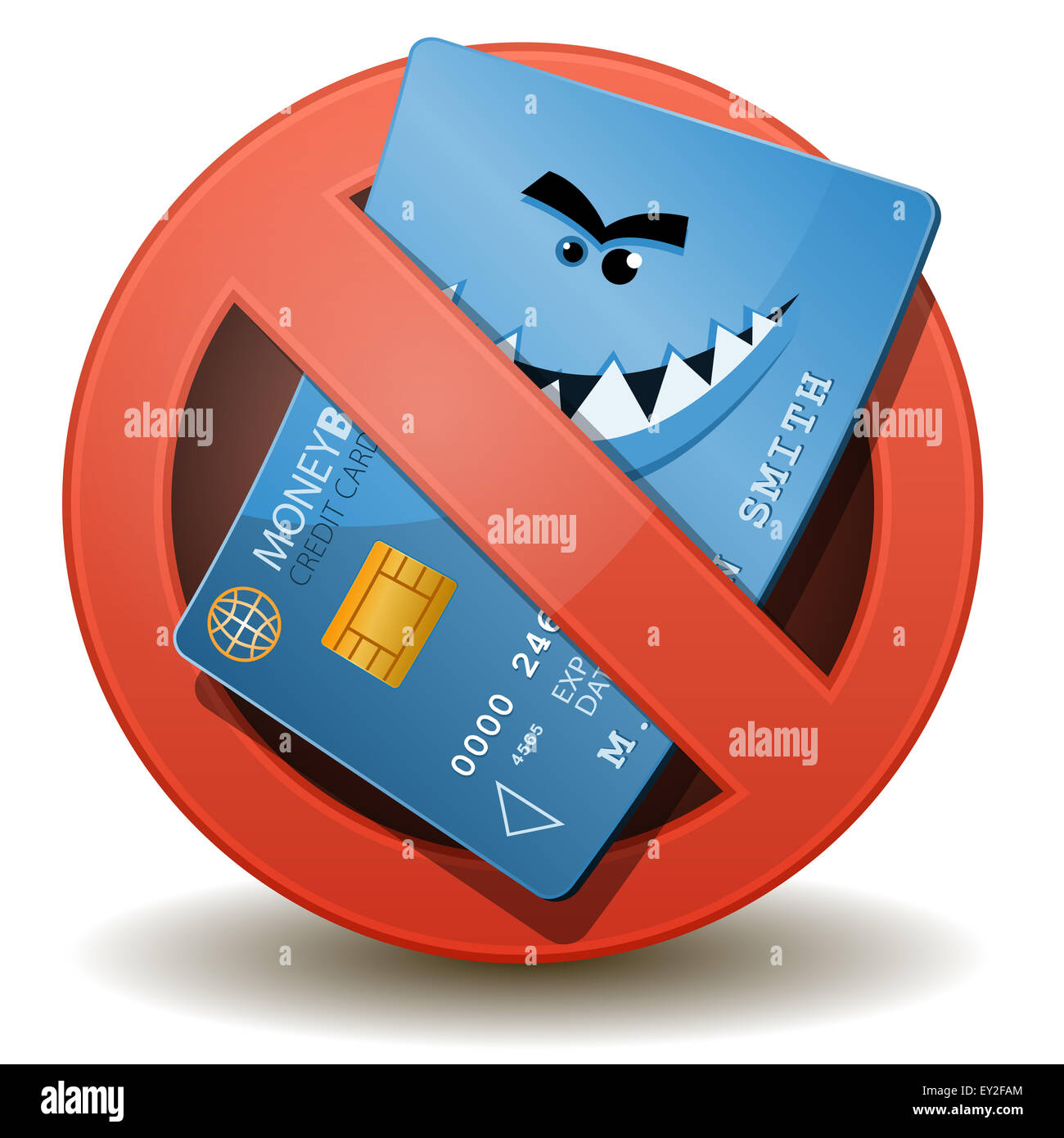 Illustration of a cartoon wicked credit card character inside a forbidden sign icon Stock Photo
