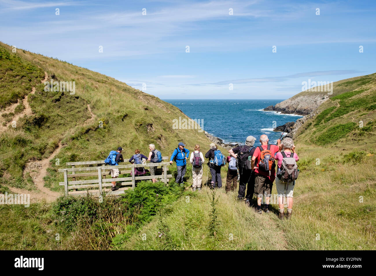 Ramblers group hiking on Wales Coast Path at Porth Llanllawen, Lleyn Peninsula / Pen Llyn, Gwynedd, North Wales, UK, Britain Stock Photo