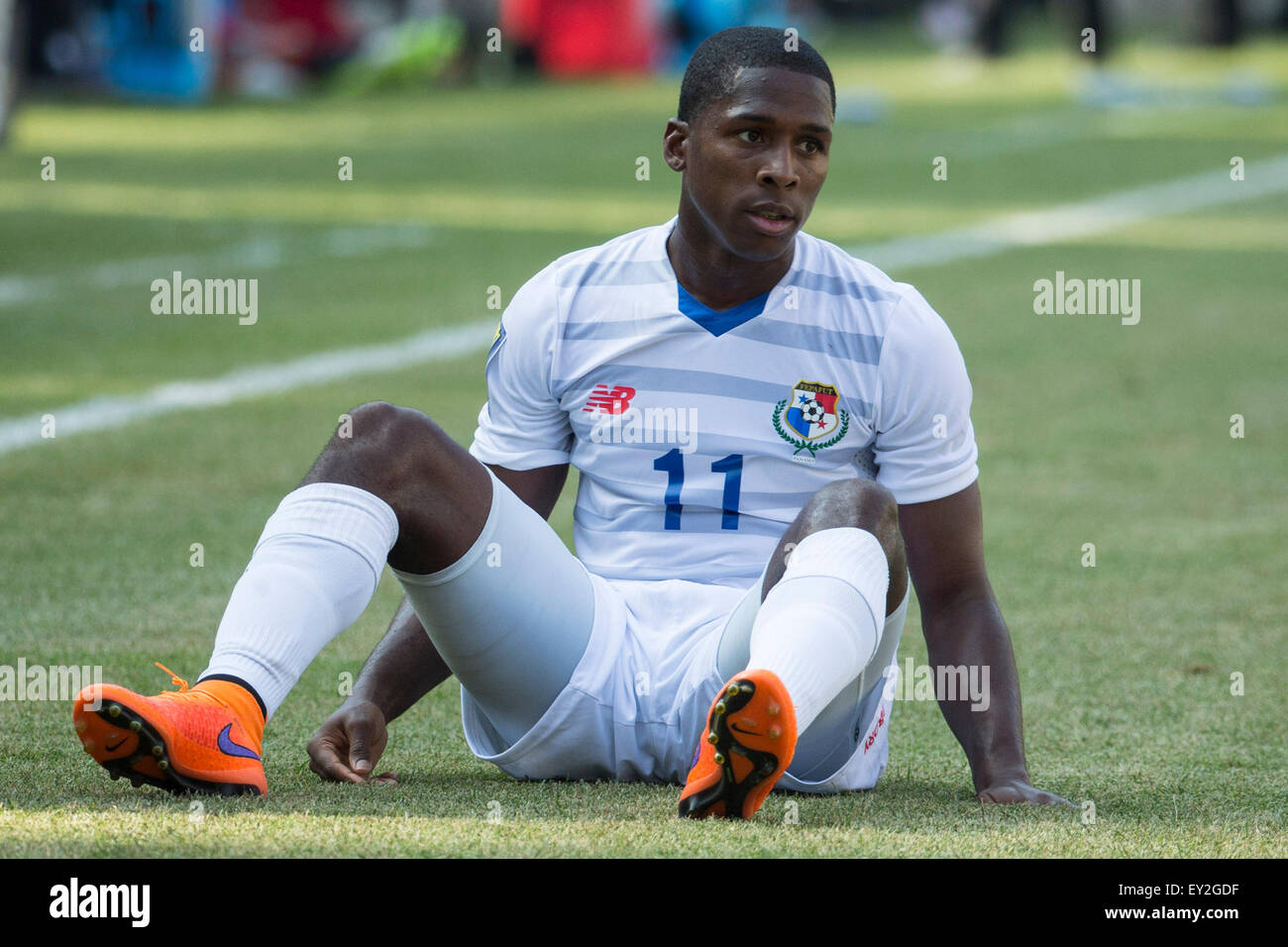 The Match By Shootout. 19th July, 2015. Panama midfielder Armando Cooper (11) looks on from the ground during the CONCACAF Gold Cup 2015 Quarterfinal match between the Trinidad & Tobago and Panama at MetLife Stadium in East Rutherford, New Jersey. Panama won the match by shootout. (Christopher Szagola/Cal Sport Media) © csm/Alamy Live News Stock Photo