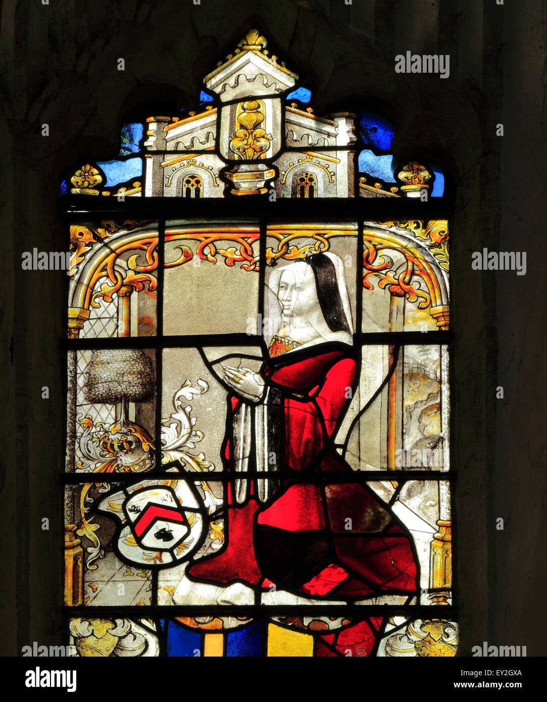 Lady Anne Shelton, formerly Anne Boleyn, Aunt of Queen Anne Boleyn, stained glass window, Shelton, Norfolk England UK Stock Photo