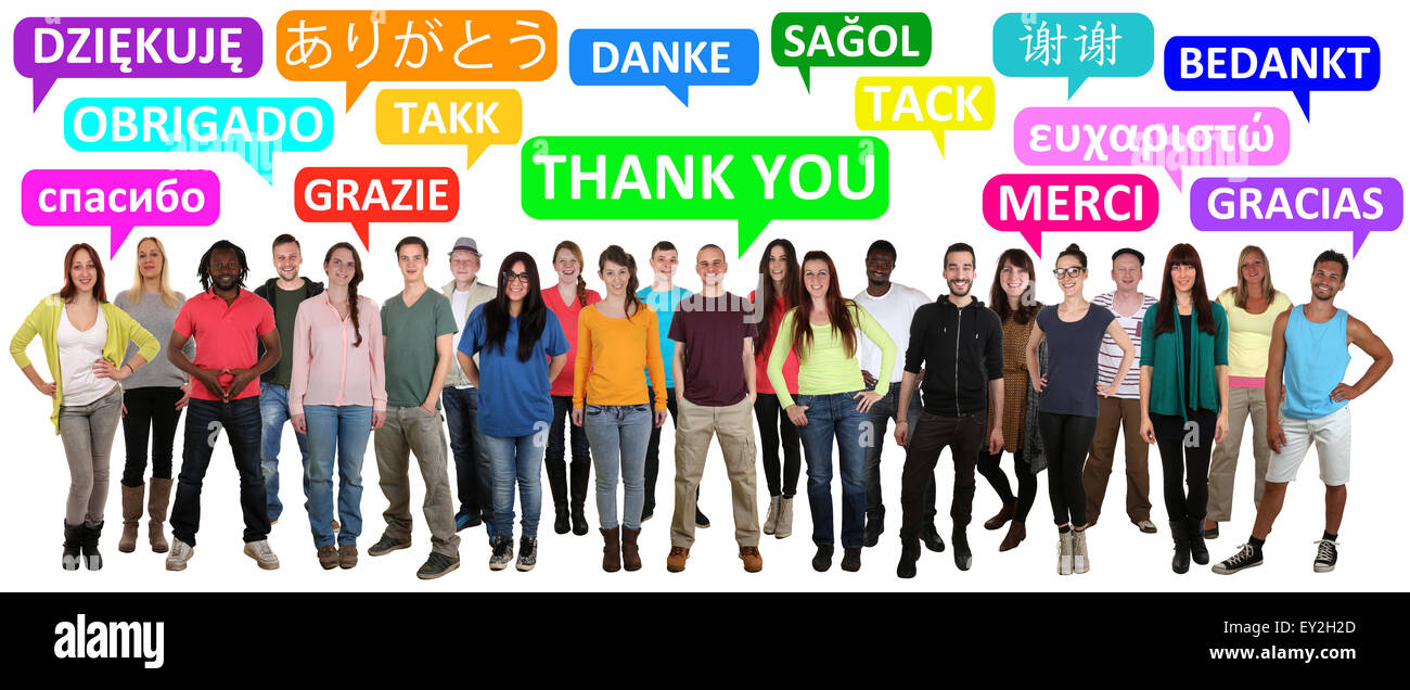 Multi ethnic group of smiling young people saying thank you in different languages Stock Photo