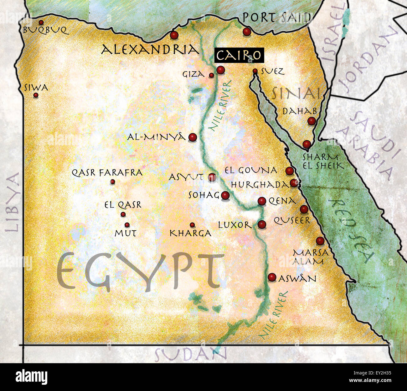 Map of Egypt, antique effect, parchment,  papyrus effect Stock Photo