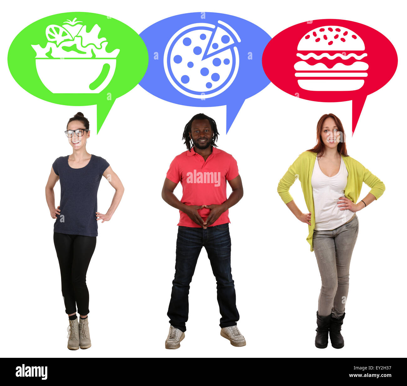 Group of young people choosing food pizza, salad or hamburger fast food healthy eating Stock Photo