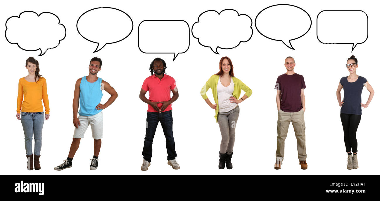 Smiling multicultural multi ethnic group of young people saying opinion with speech bubble and copyspace Stock Photo