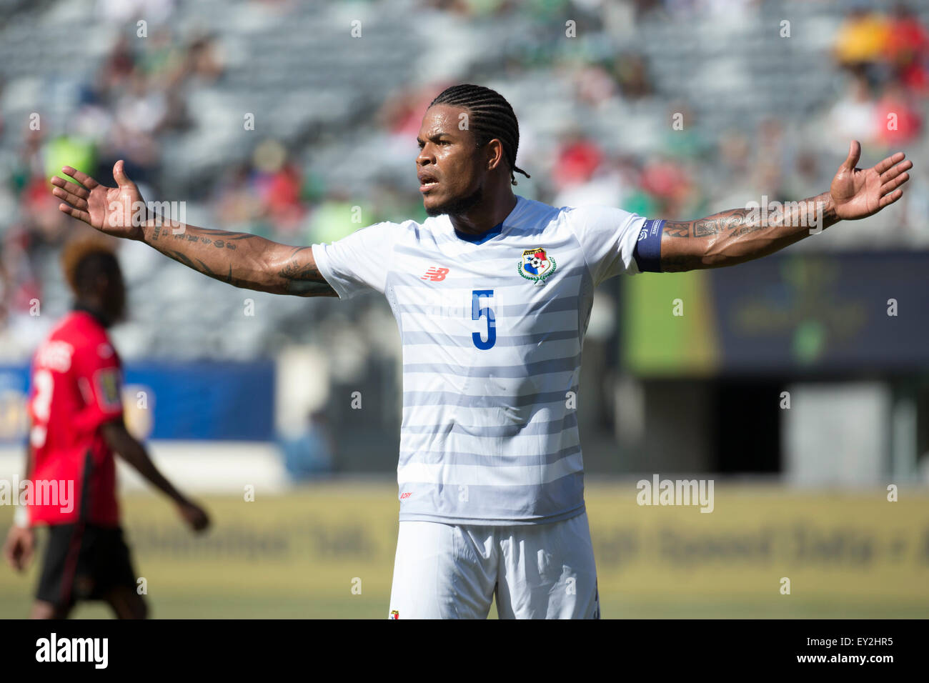 July 19, 2015: Panama defense Roman Torres (5) reacts during the CONCACAF Gold Cup 2015 Quarterfinal match between the Trinidad & Tobago and Panama at MetLife Stadium in East Rutherford, New Jersey. Panama won the match by shootout. (Christopher Szagola/Cal Sport Media) Stock Photo