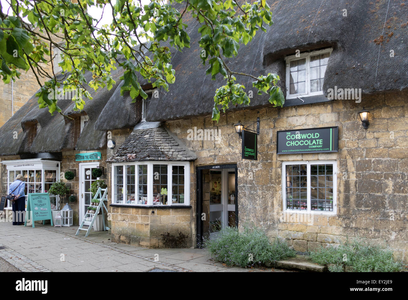 Thatched cottage chocolate shop in Broadway in the Cotswolds Stock