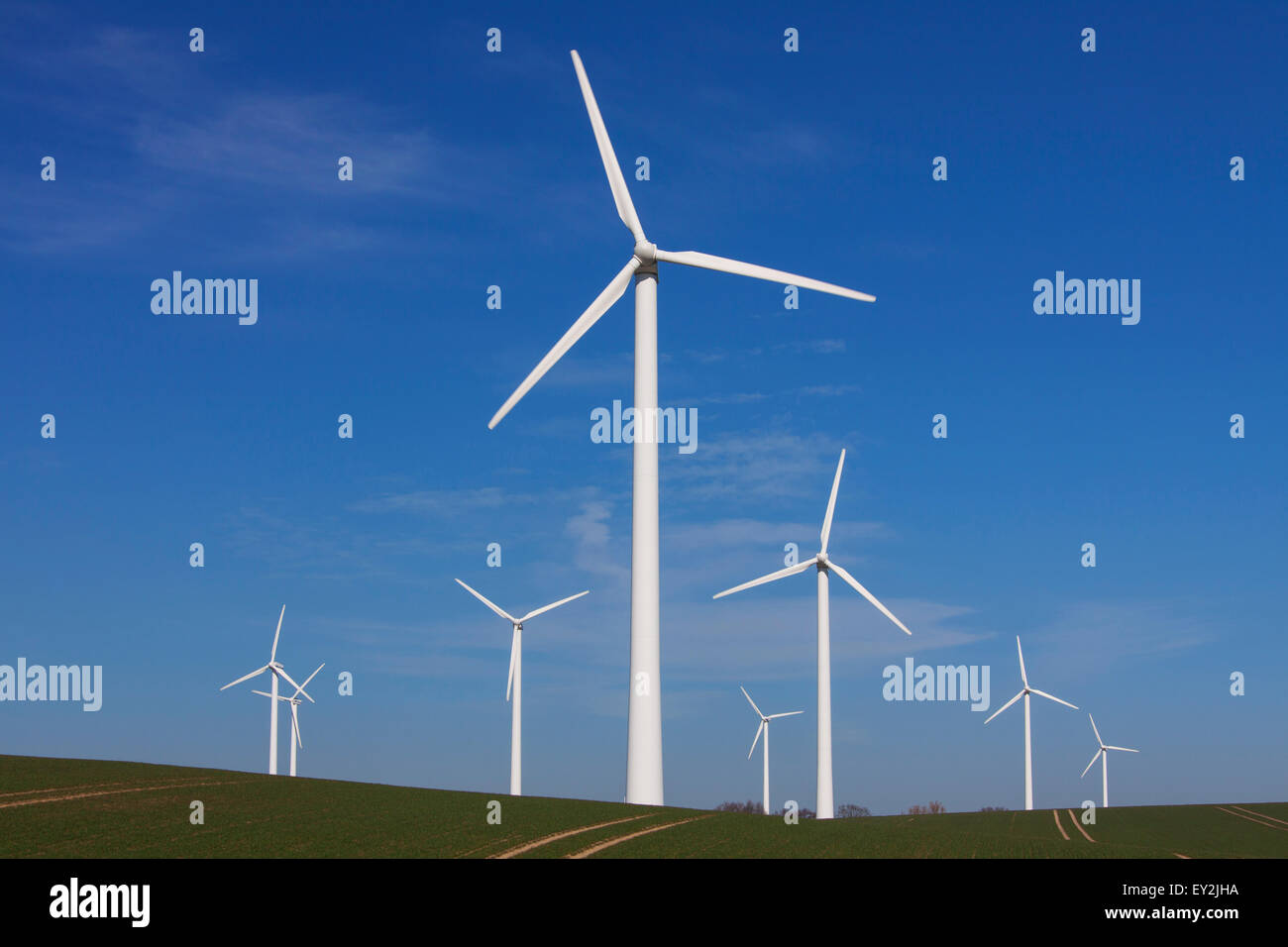 Wind turbines at windfarm in field against blue sky Stock Photo