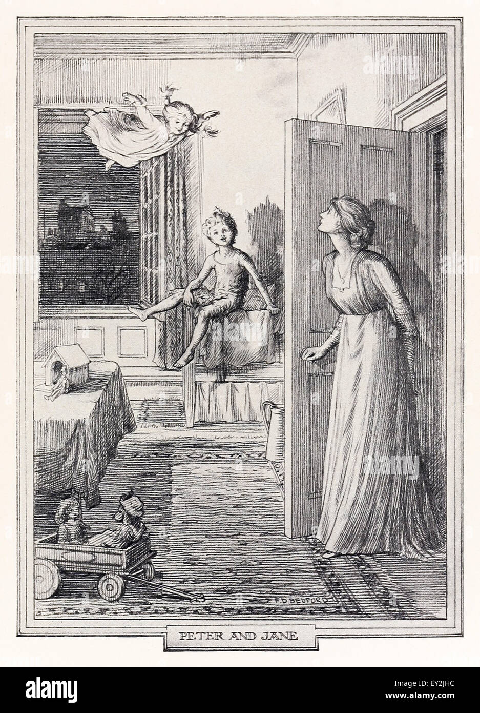 'Peter and Jane' from Chapter 16 Peter visits a grown up Wendy and flies off with her daughter Jane. From 'Peter & Wendy' by J.M. Barrie (1860-1937), illustration by F.D. Bedford (1864-1954). See description for more information. Stock Photo