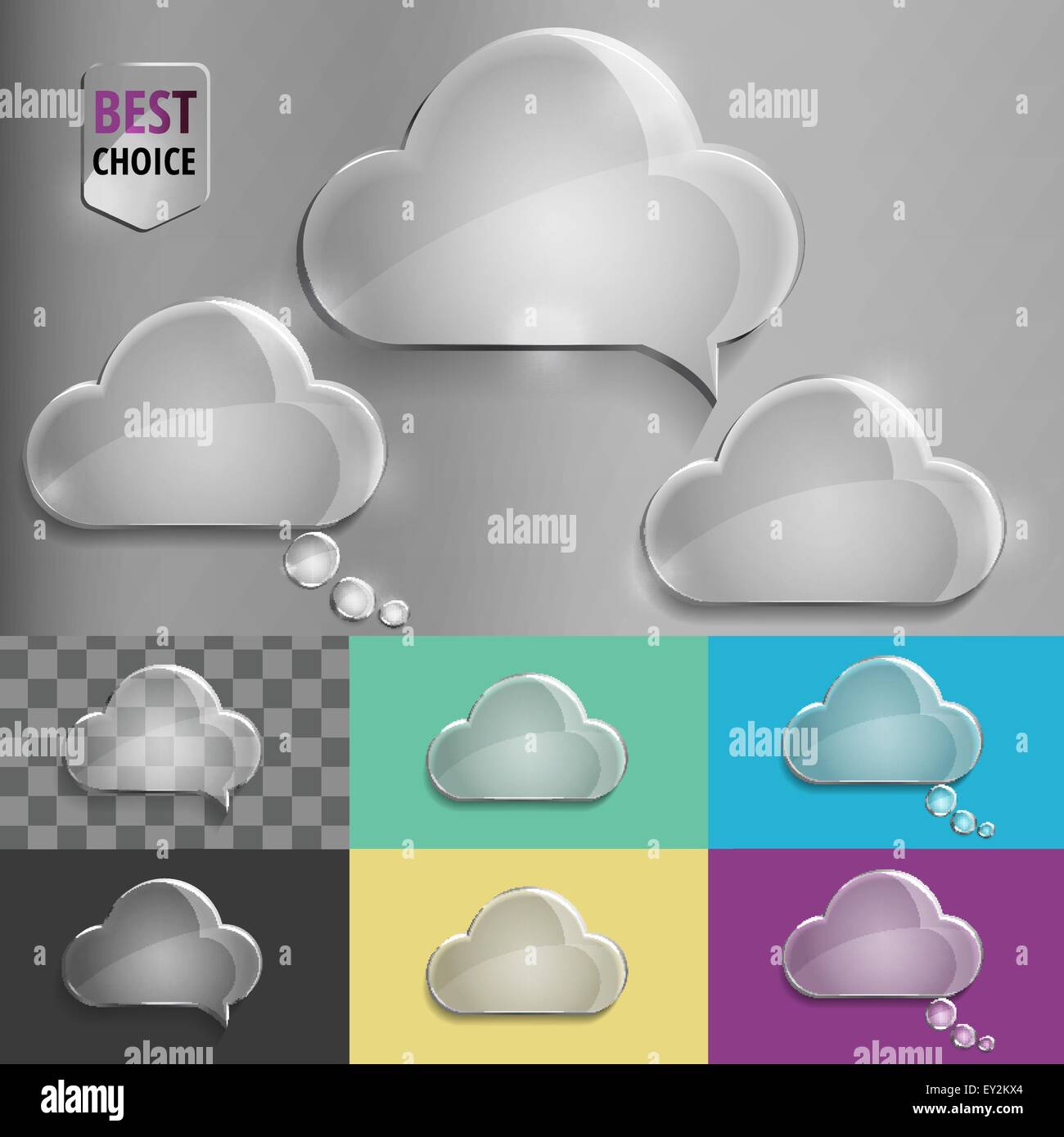 Glass speech bubble cloud icons with soft shadow on gradient background ...