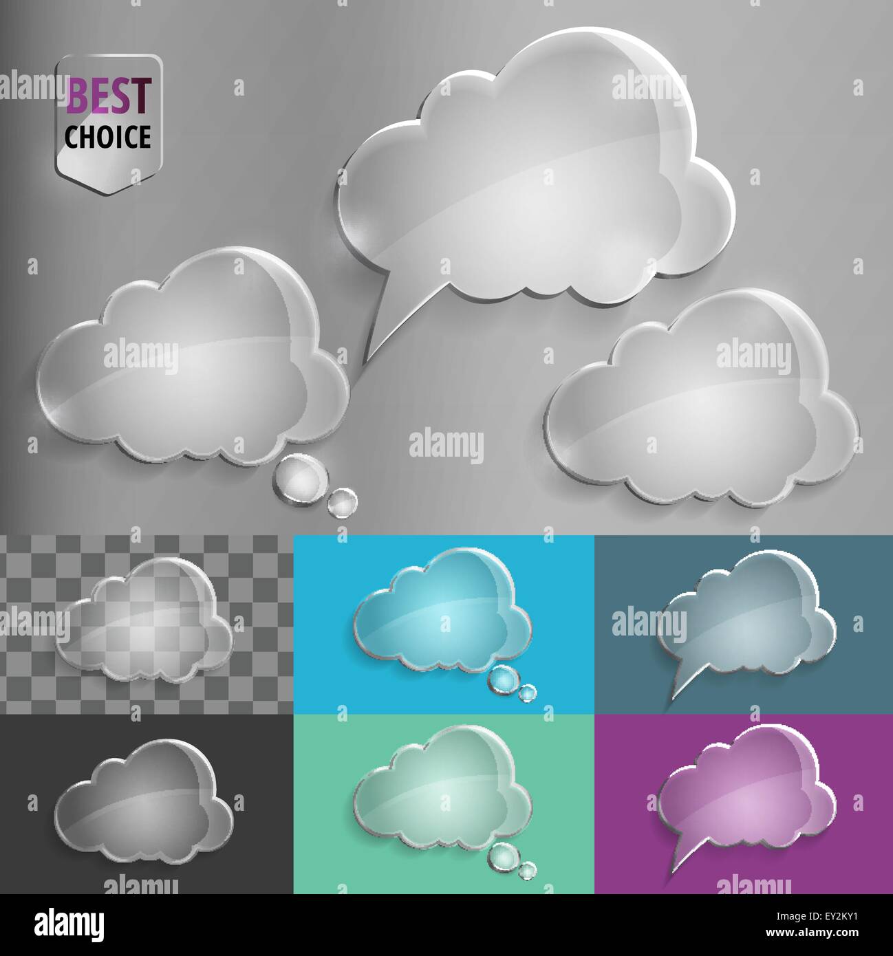 Set of glass speech bubble cloud icons with shadow on gradient ...