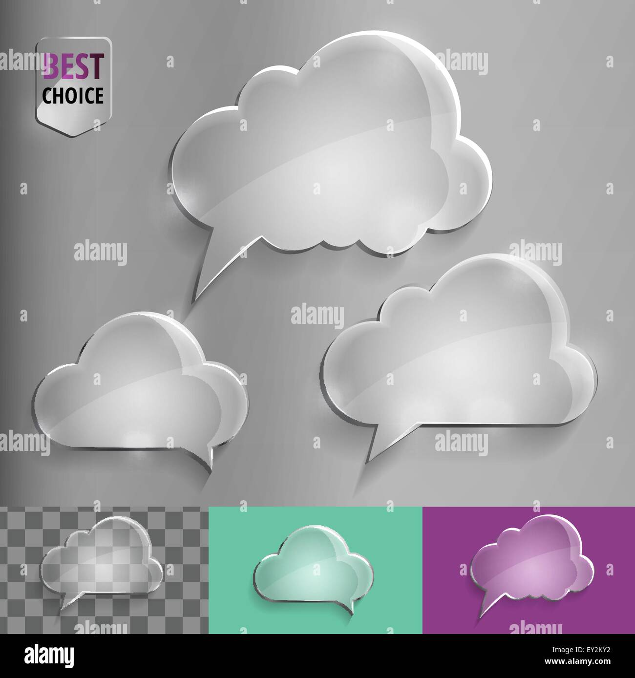 Three types of glass speech bubble cloud icons with soft shadow on ...