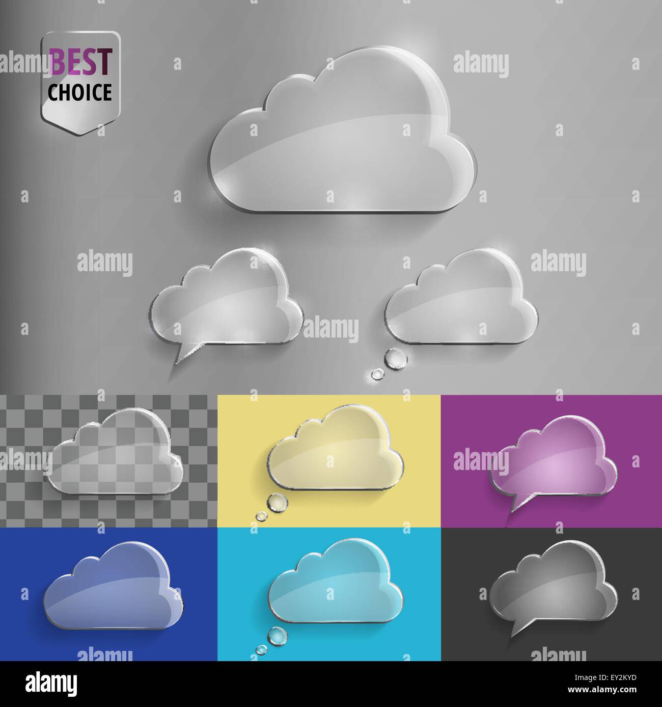 Collection of glass speech bubble cloud icons with soft shadow on ...