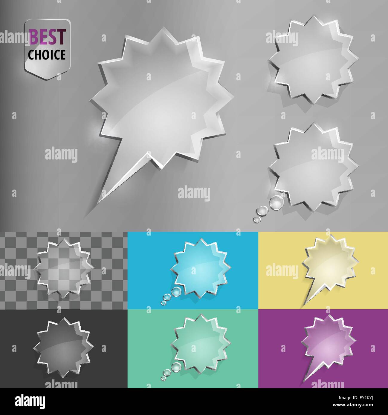 Set of glass speech bubble starburst icons with soft shadow on gradient ...