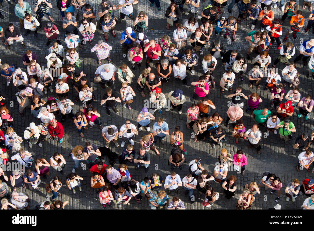 Aerial view of tourists taking photos to the astronomical clock, Prague, Czech Republic Stock Photo