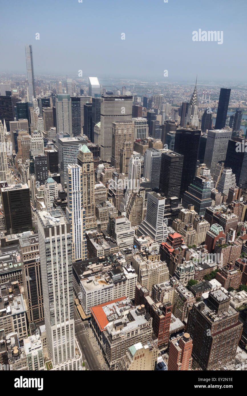 Aerial View of Manhattan from The Empire State Building with Chrysler Building and Queens in Background, New York City, USA Stock Photo