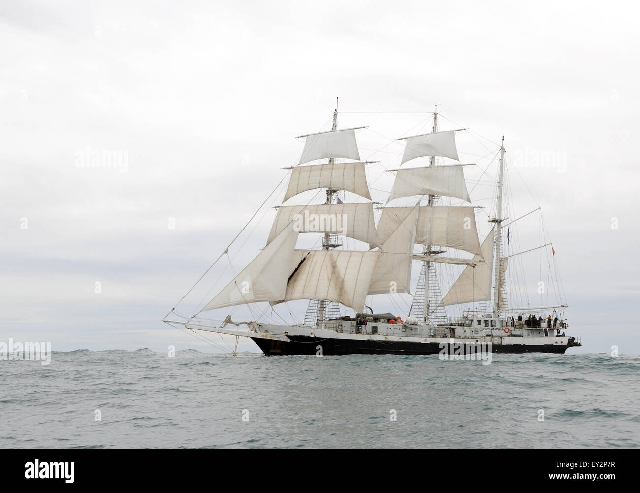 The barque rigged square rigger Lord Nelson Sails close to St Kilda. Stock Photo