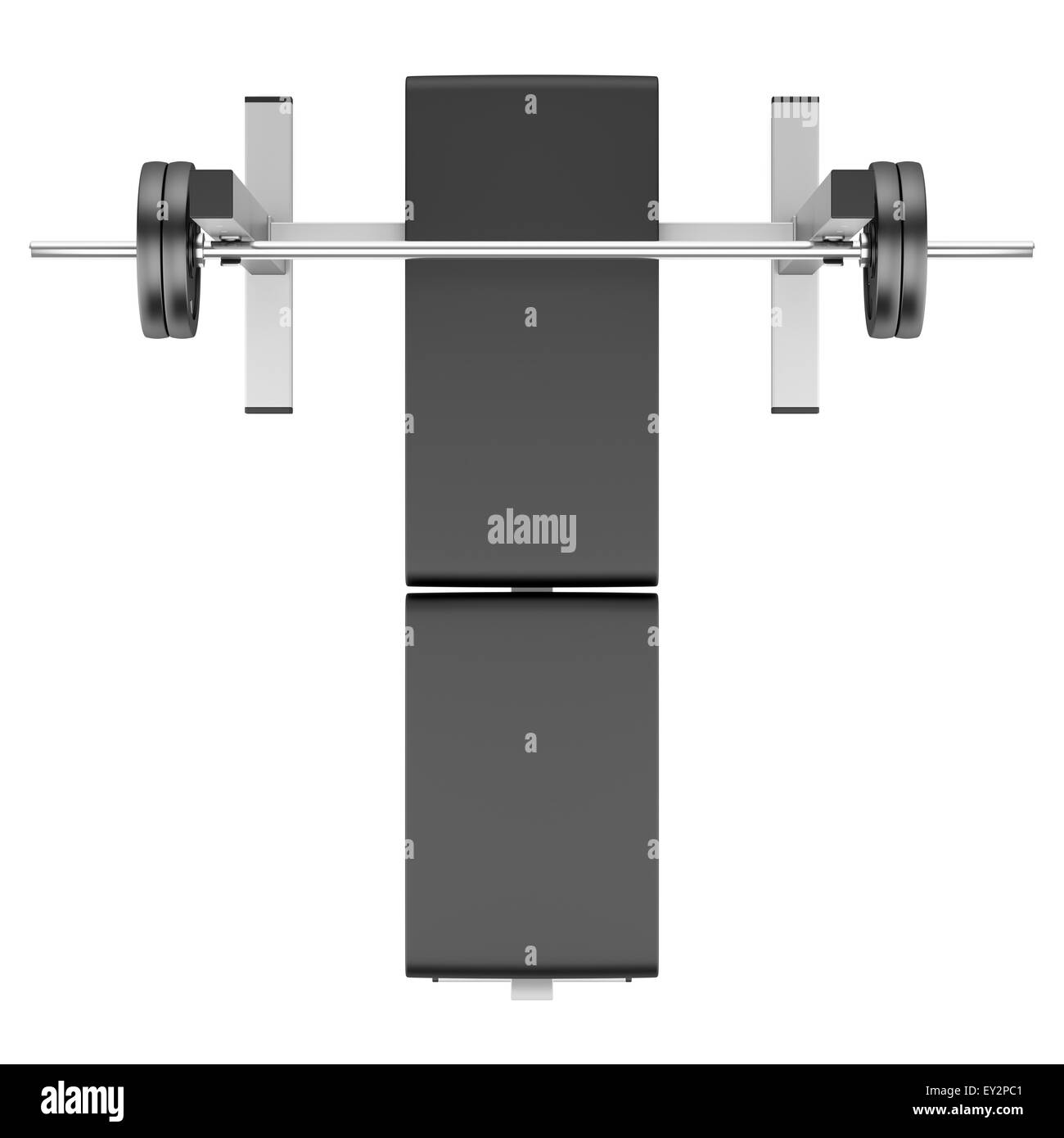 Top View Of Gym Flat Weight Bench With Barbell Isolated On White