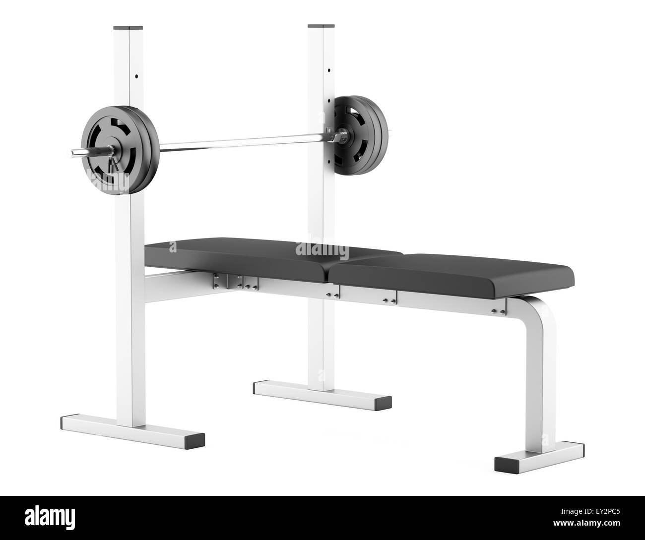 gym flat weight bench with barbell isolated on white background Stock Photo Alamy