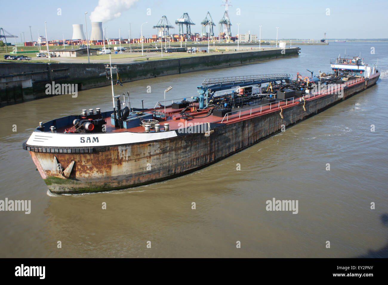 Sam, a container ship and chemical tanker, operates at Zandvlietsluis ...