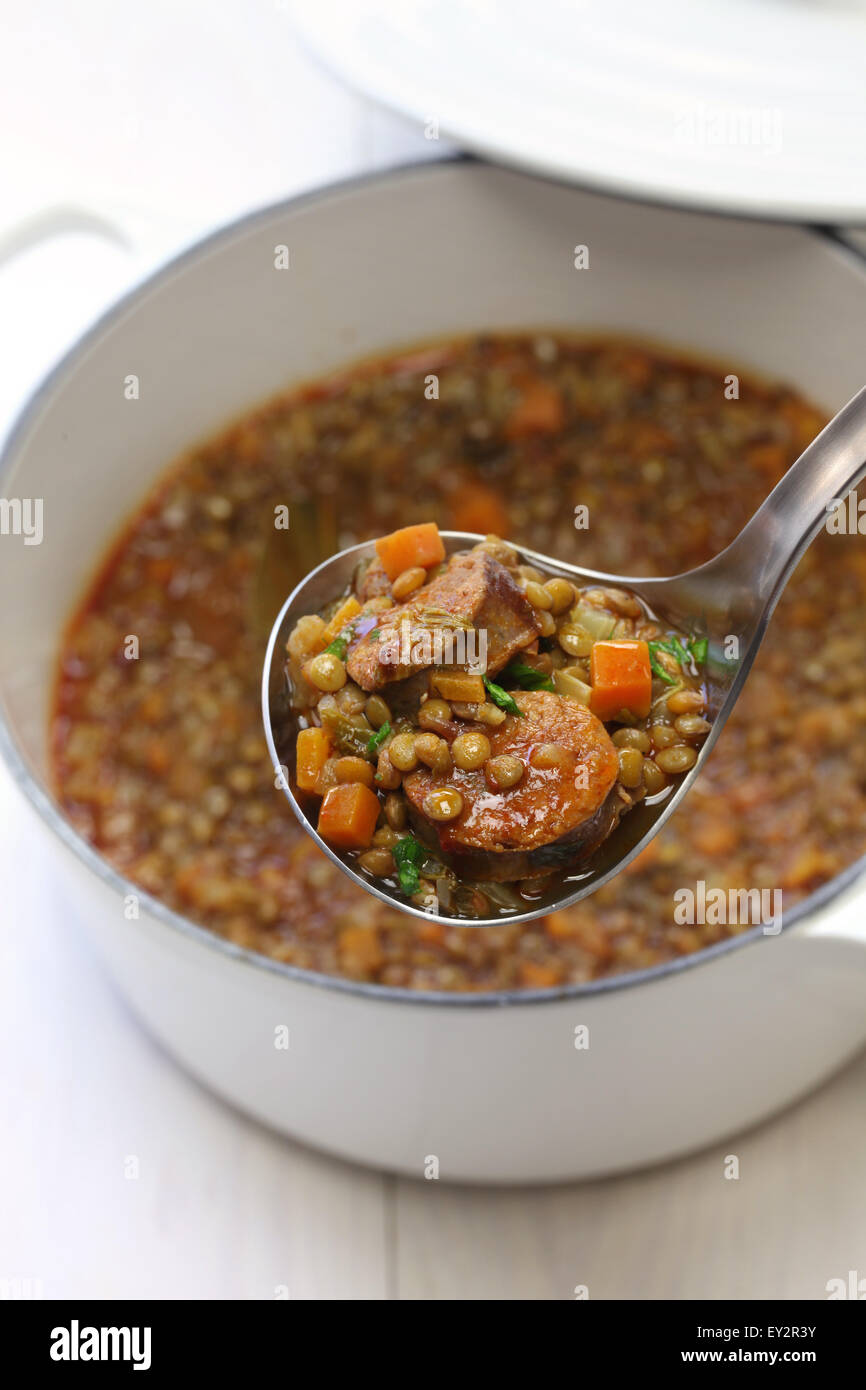 lentil and chorizo soup, spanish cuisine, lentejas con chorizo Stock