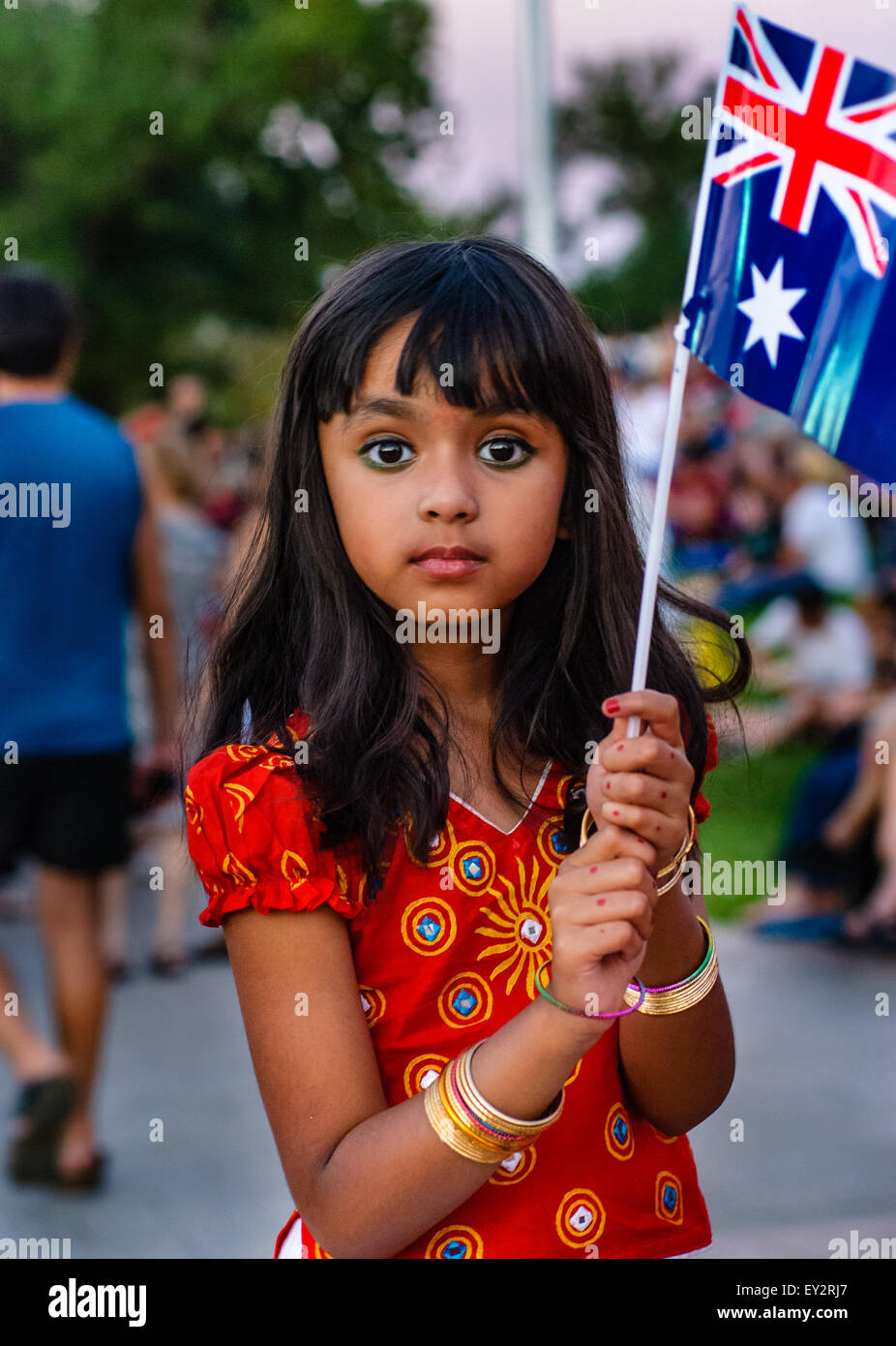 Australia Day City Adelaide - Parade! Portrait of a girl in national costume with a flag of Australia. Stock Photo
