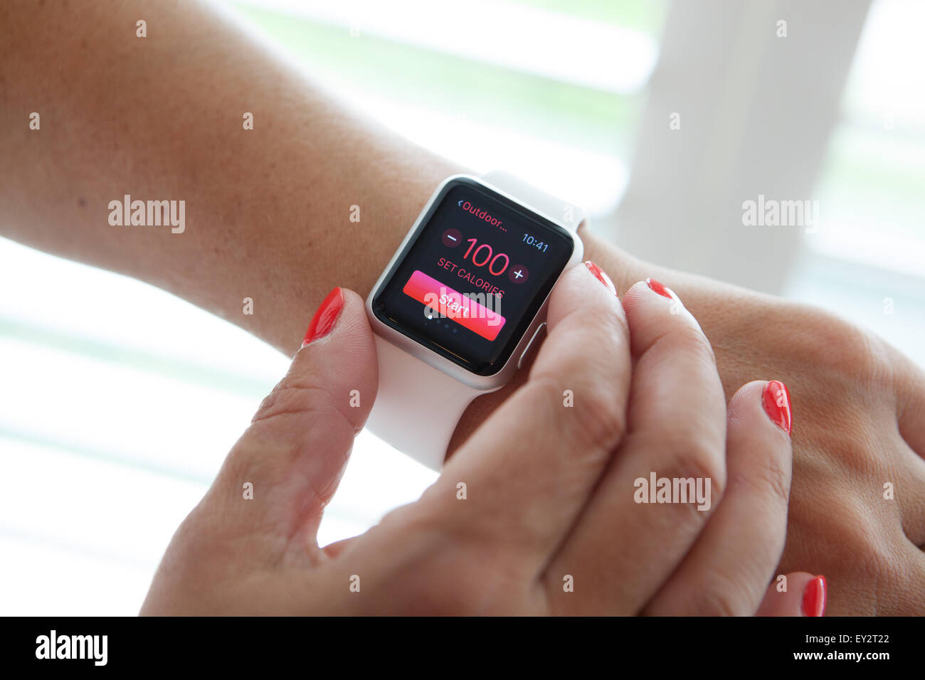 Apple Watch displaying it's calorie counter. Stock Photo