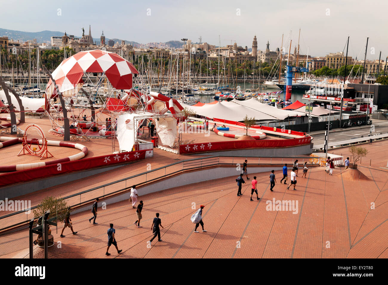 Outdoor exercise and gym area set up at Port Vell, Barcelona, Spain