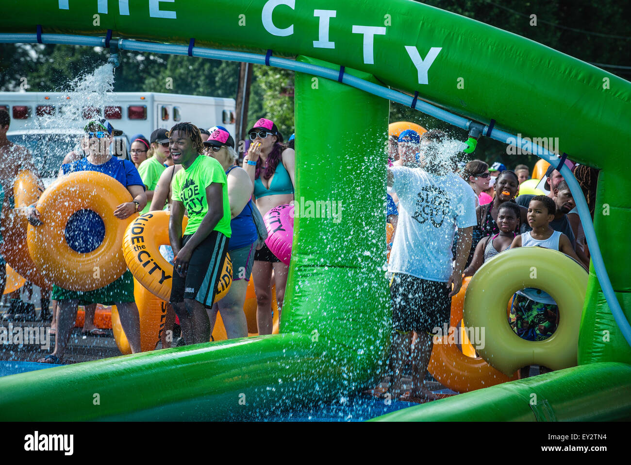 Slide the City, summer event water slide. Fun time during hot, humid