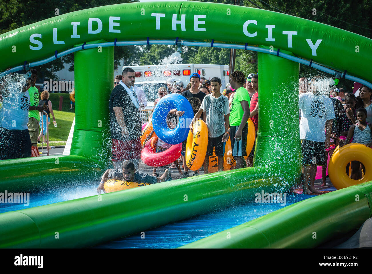 Slide the City, summer event water slide. Fun time during hot, humid