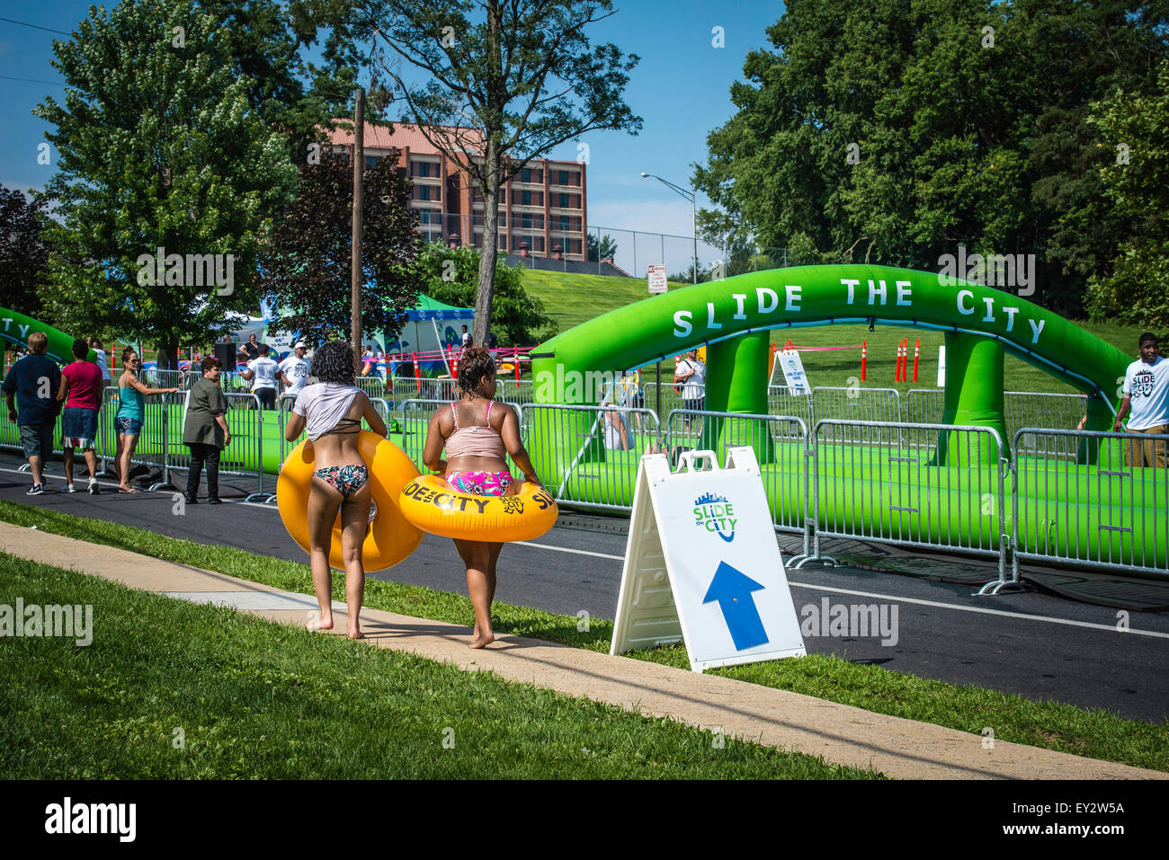 Slide the City, summer event water slide. Fun time during hot, humid
