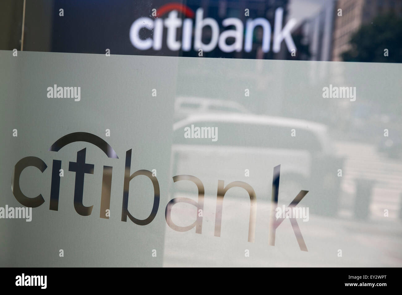 A Citibank logo sign in downtown Washington, D.C., on July 11, 2015. Citibank is the consumer division of Citigroup. Stock Photo