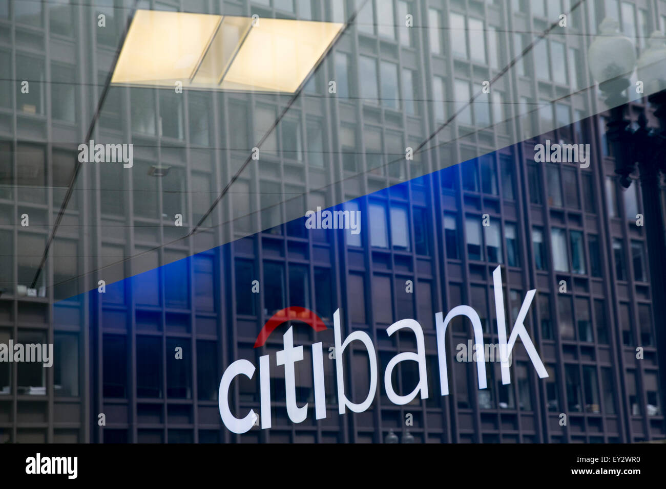 A Citibank logo sign in downtown Washington, D.C., on July 11, 2015. Citibank is the consumer division of Citigroup. Stock Photo