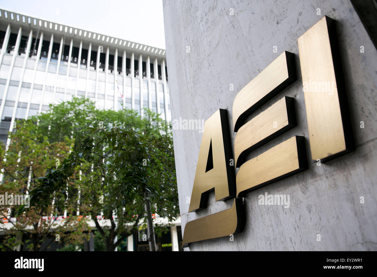 A logo sign outside of the American Enterprise Institute (AEI) in downtown Washington, D.C., on July 11, 2015. Stock Photo