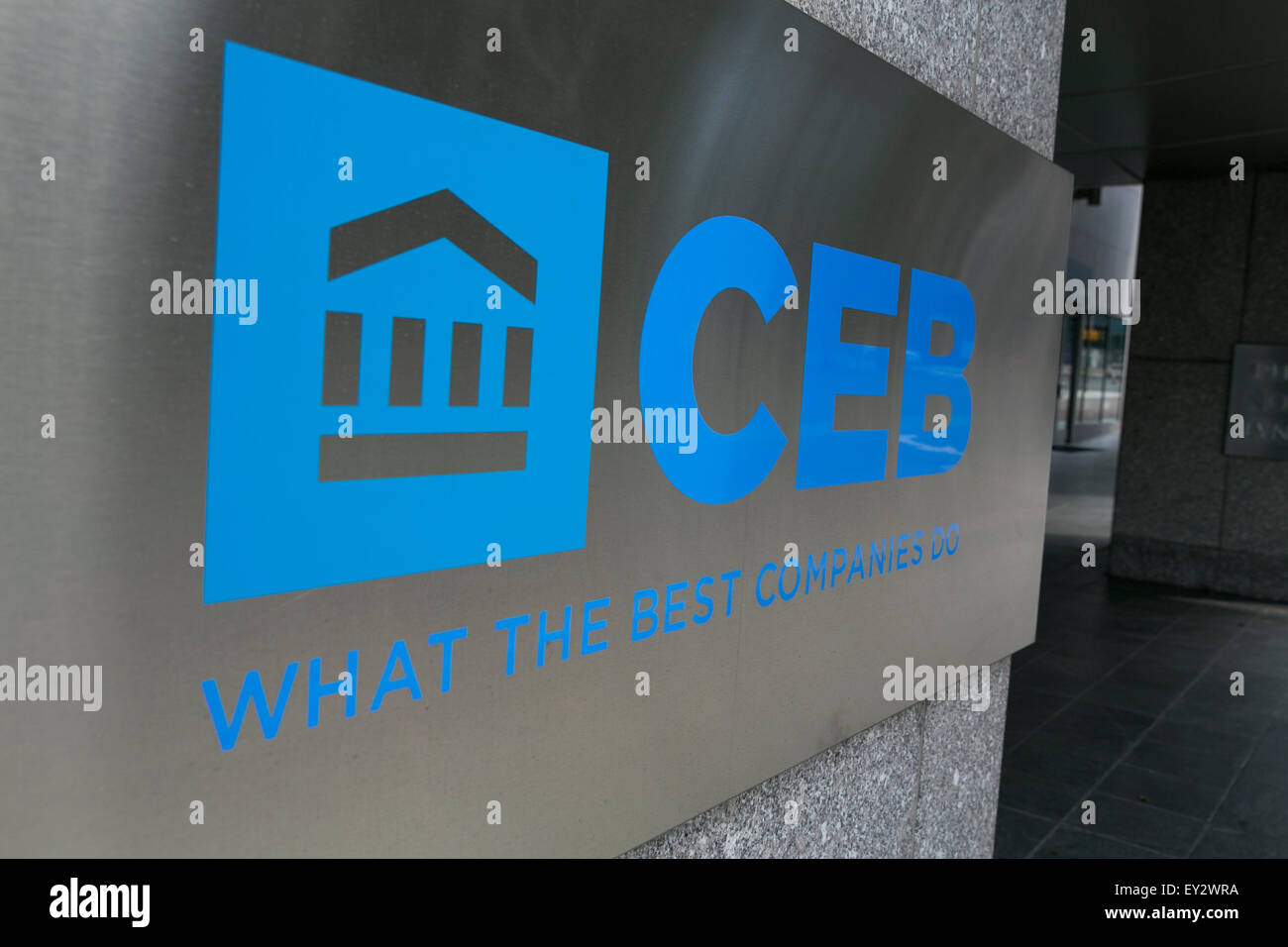 A logo sign outside of the headquarters of the Corporate Executive Board (CEB) in Arlington, Virginia on July 12, 2015. Stock Photo