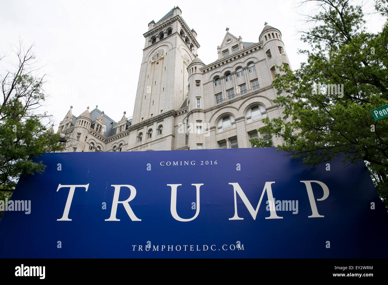 Donald Trump logo signs surrounding the Old Post Office Pavilion